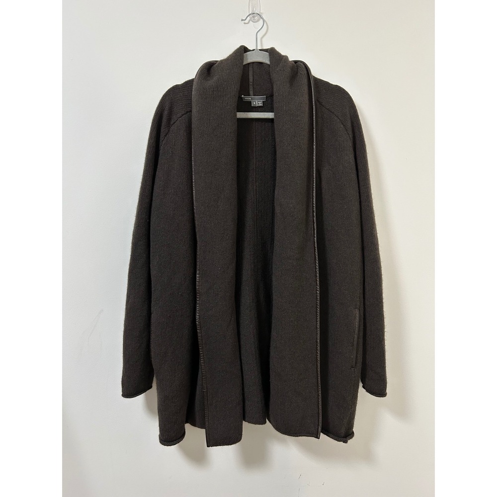 Vince Cardigan Sweater Dark Brown Leather Trim Shawl‎ Collar Yak Wool Sz Small